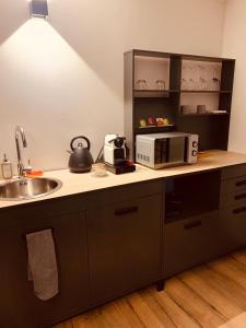 a kitchen with a sink and a microwave on a counter at L’Autre Nuit 