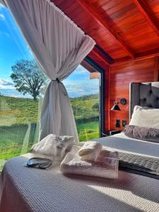 een slaapkamer met een bed en een groot raam bij Pousada Capanna del Vale - Vale dos Vinhedos in Bento Gonçalves