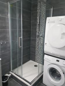 a shower stall with a washing machine in a bathroom at Shiny Compiègne Logement Entier in Compiègne
