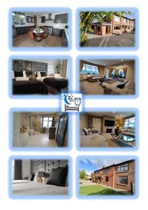 a collage of nine pictures of a living room at Sirius House - sleeps 7, driveway, garden in Crewe