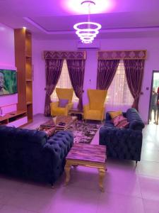 a living room with two couches and a tv at Delight Bay Shortlet in Lekki
