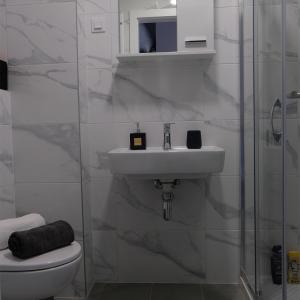 ein weißes Bad mit einem Waschbecken und einer Dusche in der Unterkunft Apartman 33 in Banja Luka