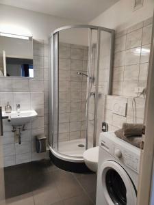 een badkamer met een douche en een wasmachine bij Apartment Walpurgis mit toller Aussicht & Schwimmbad in Hohegeiß