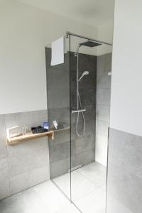 a shower with a glass door in a bathroom at Albhotel Bahnhöfle in Stubersheim