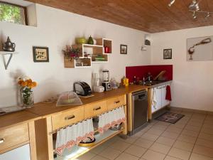 eine Küche mit einer hölzernen Arbeitsplatte in einem Zimmer in der Unterkunft La ferme de Lili in Truchtersheim