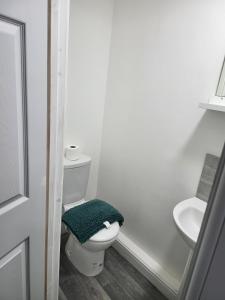 een witte badkamer met een toilet en een wastafel bij Burns Street - Stay Sleep Rest in Nottingham