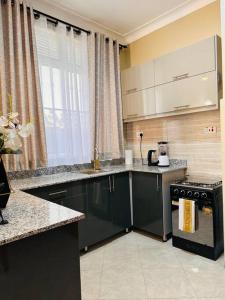 a kitchen with green cabinets and a stove and a window at Veron’s Elegant Home in Munyonyo