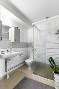 瓦倫蒂納的住宿－Stort tre plans hus i Vallentuna，带淋浴、卫生间和盥洗盆的浴室