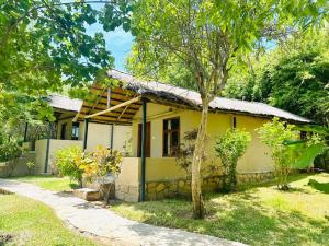 uma casa amarela com uma árvore em frente em Winterthorn Lodge em Chiawa