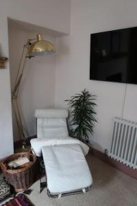 a room with two chairs and a plant and a lamp at Victorian Farrar Cottage in York