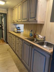 uma cozinha com armários de madeira e um lavatório em Koselig familiehytte ved Bardola em Geilo