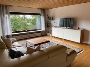 Il comprend un salon doté d'un canapé et d'une télévision à écran plat. dans l'établissement FeWo Kaiserblick, à Treuchtlingen