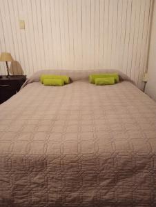 1 cama grande con 2 almohadas verdes en Departamento Barrio Bombal en Godoy Cruz