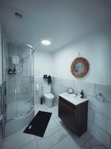 a bathroom with a shower and a sink and a toilet at Market Haven Deluxe Studios Town centre with Netflix, Business & Leisure Travellers in Northampton