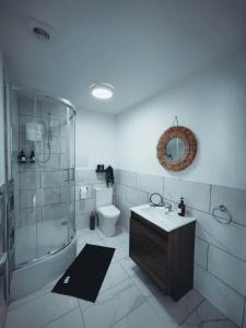ein Badezimmer mit Dusche, Waschbecken und Toilette in der Unterkunft Market Haven Deluxe Studios Town centre with Netflix, Business & Leisure Travellers in Northampton