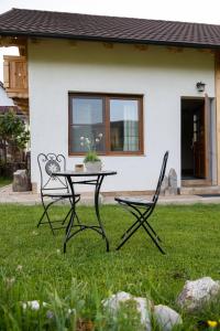 einen Tisch und zwei Stühle vor einem Haus in der Unterkunft Ograda Magura village in Măgura