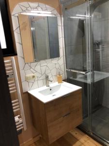 La salle de bains est pourvue d'un lavabo et d'une douche. dans l'établissement Riviera Cottage, à Comblain-au-Pont