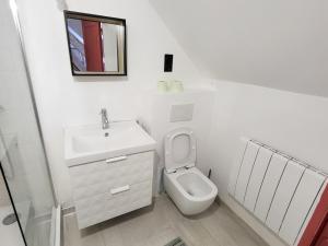 uma casa de banho branca com um lavatório e um WC em Les Oiseaux de Passage em Escolives-Sainte-Camille
