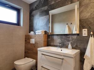 a bathroom with a sink and a toilet and a mirror at Apartmán Magnolie in Chlum