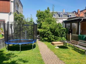 a batting cage in a yard with a table and a bench at Villa Natalie Meerane in Meerane