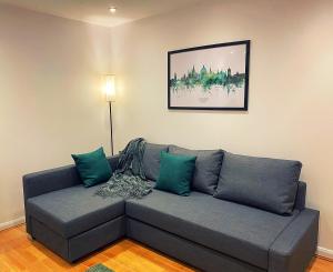 a gray couch with green pillows in a living room at 133C HiBrid Home in Oxford