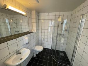 a bathroom with a toilet and a sink and a shower at Rauland Vandrerhjem Akademiet in Rauland