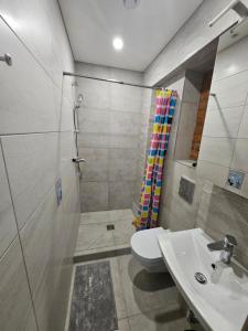 W łazience znajduje się prysznic, toaleta i umywalka. w obiekcie Lux kambarys centre su karališka lova #3 w Kownie