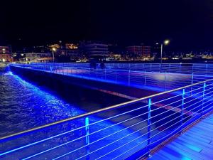 uma ponte sobre um rio à noite com luzes azuis em PANORAMIC SUITE em Trebisacce