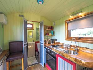 a small kitchen with a sink and a counter at Caban y Bugail Abercych in Abercych