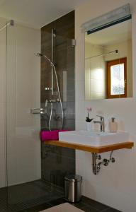 a bathroom with a sink and a shower at Appartementhaus Reiter in Altenmarkt im Pongau