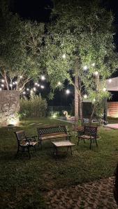 two benches and a table in a park at night at Mbokaja Paradise in San Bernardino