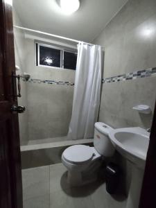 a bathroom with a toilet and a sink and a shower at Acogedor Departamento Central in Loja