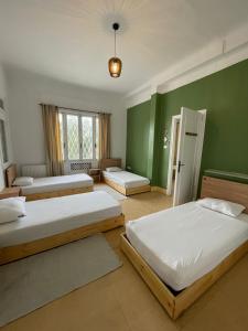a bedroom with two beds and a green wall at Nomads Hostel Tunisia in Tunis