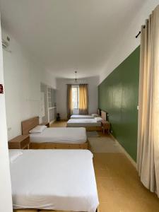 a room with three beds and a green wall at Nomads Hostel Tunisia in Tunis