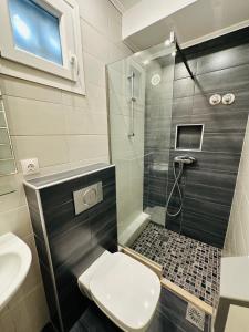 a bathroom with a shower with a toilet and a sink at Afrodite Seaside Rooms in Kallithea Halkidikis
