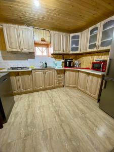 a kitchen with wooden cabinets and a counter top at Cabana Elena in Gîrda de Sus