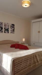 a bedroom with a large bed with red pillows at Haus Lieberum Ferienwohnung 1.Etage Balkon in Bad Sooden-Allendorf