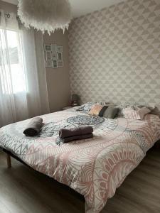 - une chambre avec un grand lit et des oreillers dans l'établissement Petite maison au calme, à Poupry