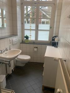 a bathroom with a sink and a toilet and a window at Altes Forstamt in Xanten