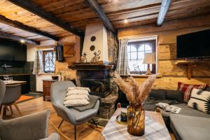 sala de estar con sofá y chimenea en Mountain Shelter by Loft Affair, en Zakopane