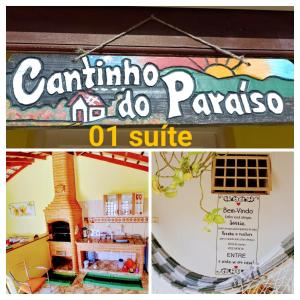 eine Collage mit Bildern eines Restaurants mit Pizzaofen in der Unterkunft Cantinho do Paraíso in Águas de Lindóia