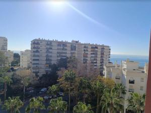 Un edificio alto de apartamentos con palmeras y el océano. en Nelvir Studio Benalmádena, en Benalmádena