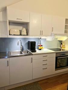 a kitchen with white cabinets and a sink at Gothenburg City Apartment in Gothenburg