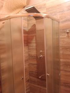 La salle de bains est pourvue d'une douche avec une porte en verre. dans l'établissement Entre racimos, glamping entre viñedos, à Luján de Cuyo