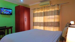 1 dormitorio con 1 cama con cortina y TV en Tasha Lodge & Tours, en Livingstone