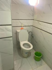 a bathroom with a toilet and a green bucket at Hotel Sotchi 