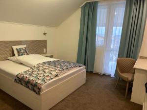 sypialnia z łóżkiem i dużym oknem w obiekcie Danelis Hotel w mieście Edelény