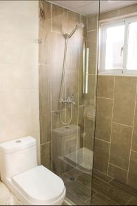 a bathroom with a shower and a toilet at Confortable Dpto en Residencial in Santo Domingo