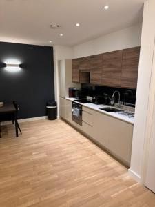 cocina con fregadero y encimera en Seven Space 2 Bed 2 Bath Central Apartment en Norwich