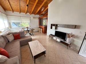 sala de estar con sofá y TV en Seaside Luxury Apartments, en Porto Rafti